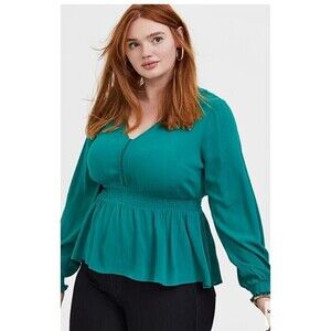 Torrid Emerald Green Gauze Smocked Peplum Midi Blouse
